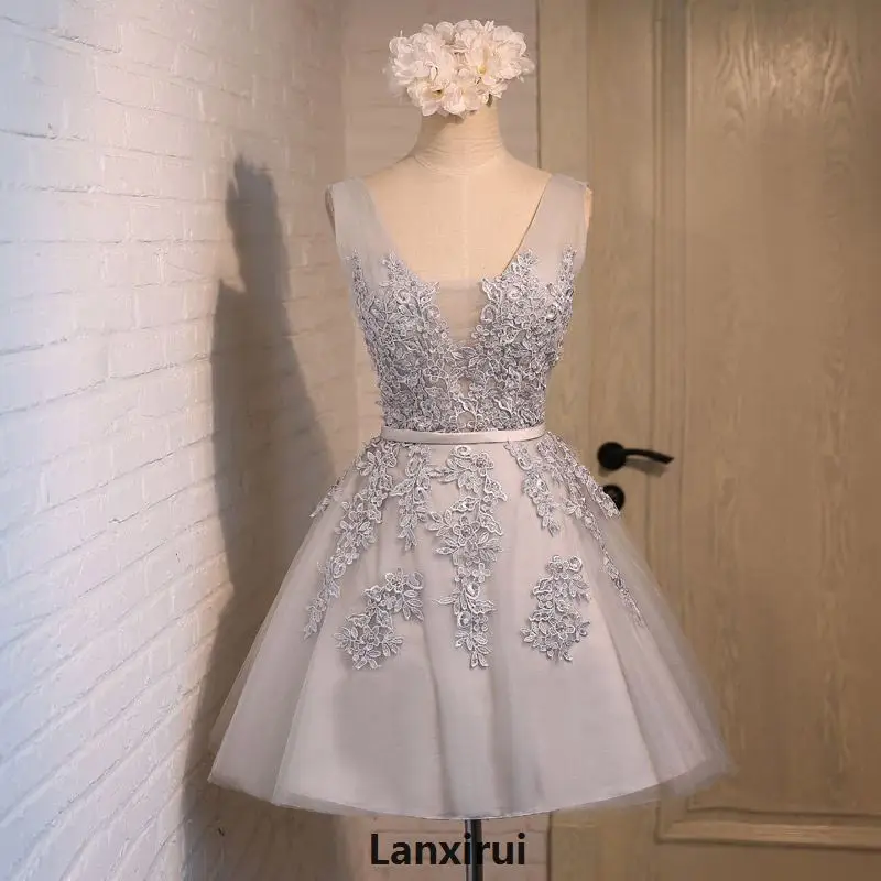 

Vintage New Light Champagne Lace Dreses Girls Pearls Tulle Short Women Dress Formal Dresses Party Dress