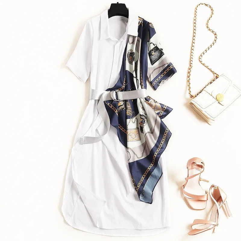 DEAT 2020 Turn-down Collar Short Sleeves Printed Scarf Patchwork Shirt Dress Single Breasted With Belts Summer Clothes WG00700L | Женская