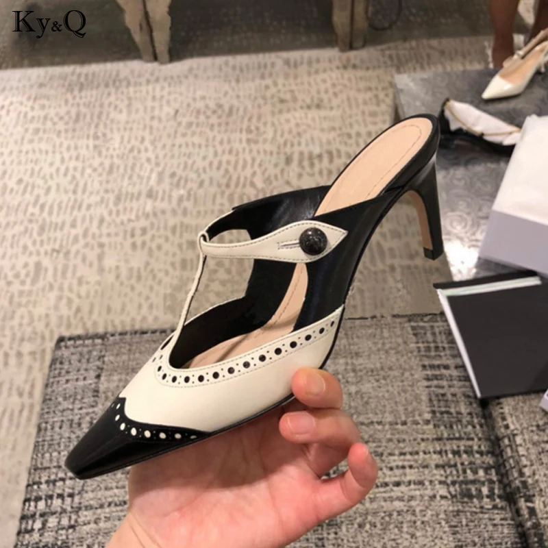 

2018 Summer New British Style Fashion Color Matching Ladies Stiletto Comfortable Shallow Mouth High Heel Casual Slippers 5-8cm