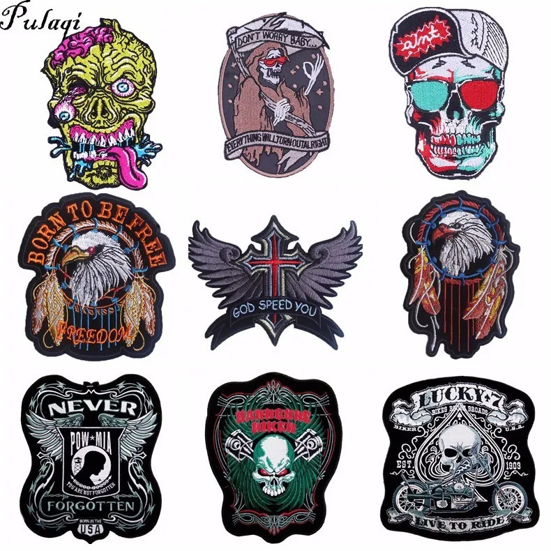 

Pulaqi Eagle Wings Patches for Clothing Iron On Punk Skull Biker Appliques Diy Fine Embroidered Coat Bags Stickers Parches H