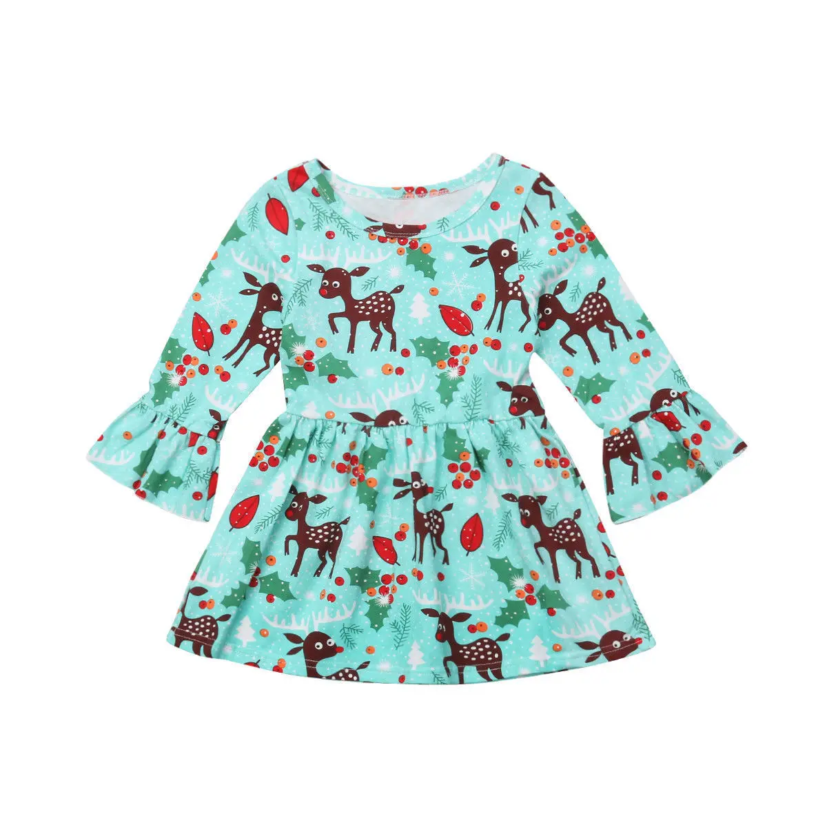 

1-7Y Toddler Kids Baby Girl Flare Long Sleeve Cartoon Deer Print A-line Princess Girls Pageant Party Dress Xmas Clothes