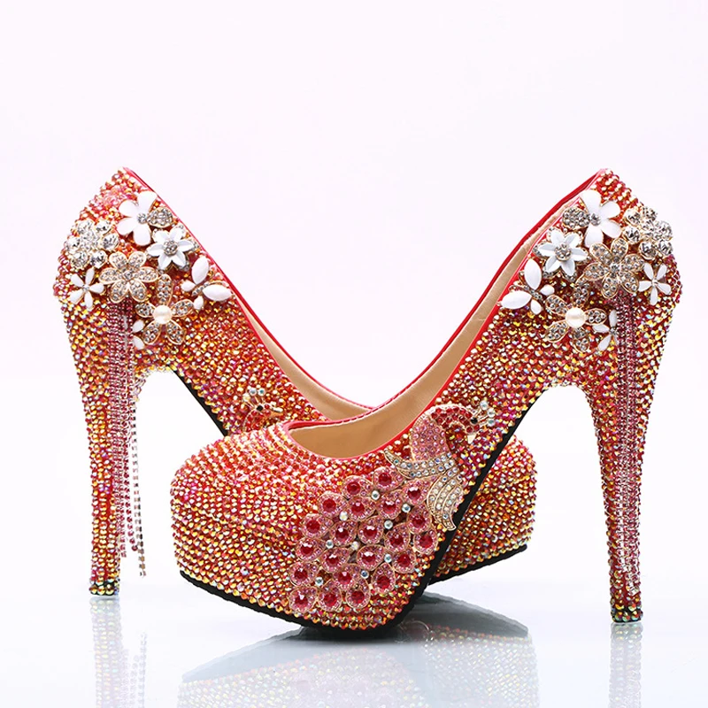 

Gorgeous New Style Red AB Rhinestone Wedding Bridal Shoes with Phoenix Round Toe Blingbling Bride Party Ceremony Pumps Size 44
