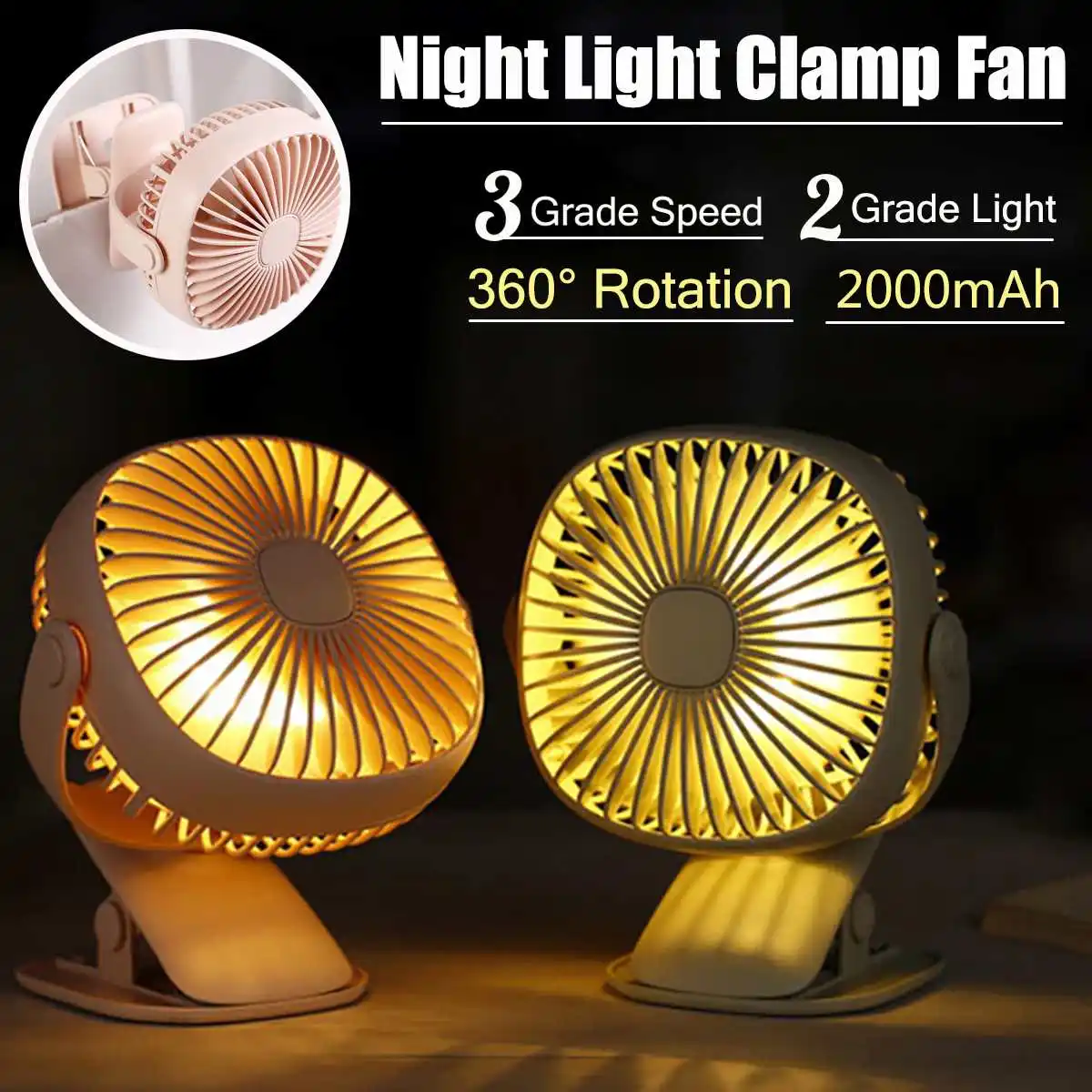 

1PCS Mini Electronic Fan Portable Quiet Cooler LED Night Light Desktop Clamp Design USB Rechargeable Home Office 3 Colors