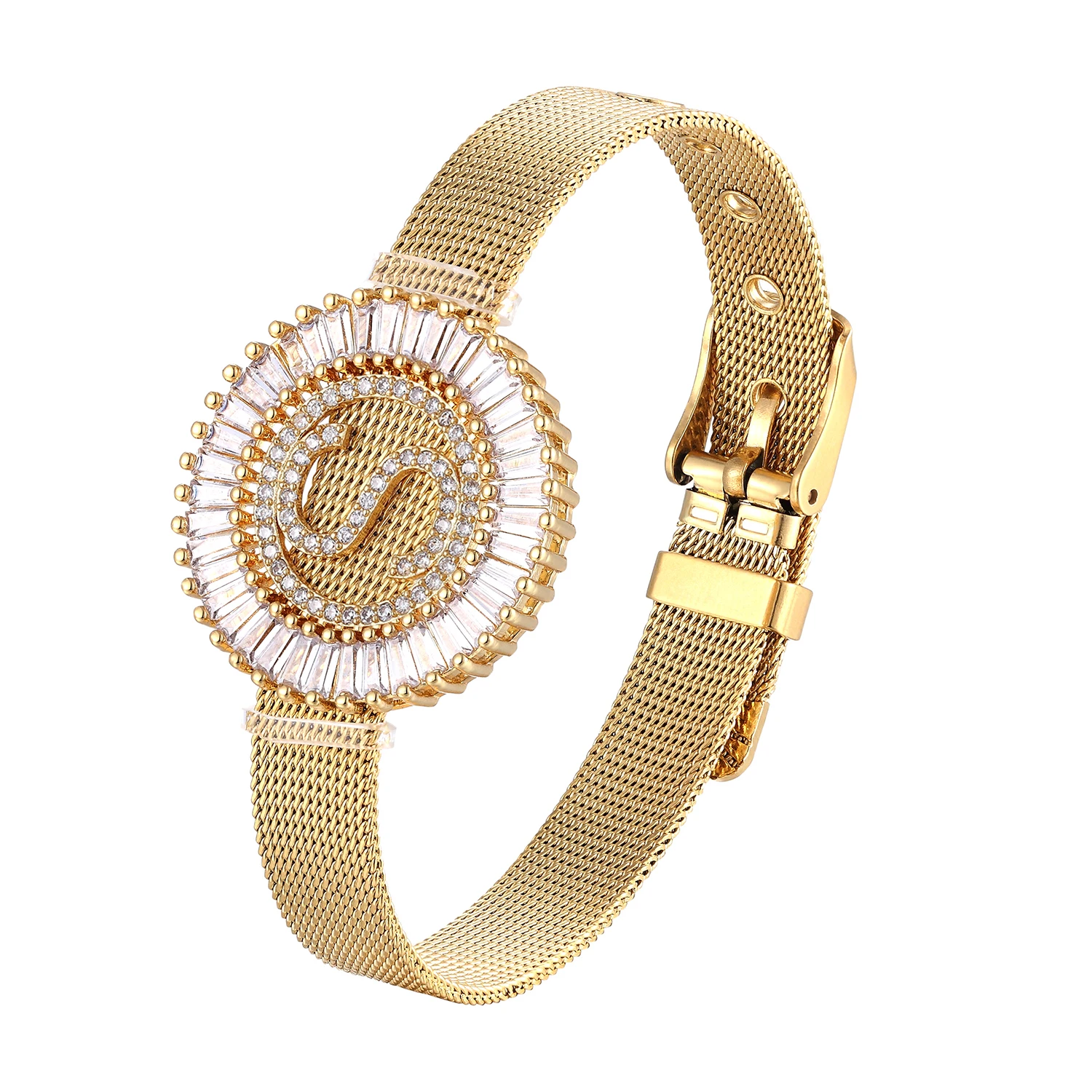 Fashion Stainless Steel Watch Style Bracelet Cubic Zirconia CZ Letter