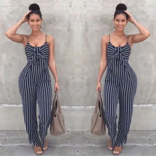 

US Women Fashion Sexy Summer Party Stripe Sleeveless Jumpsuit Romper Top Outfits