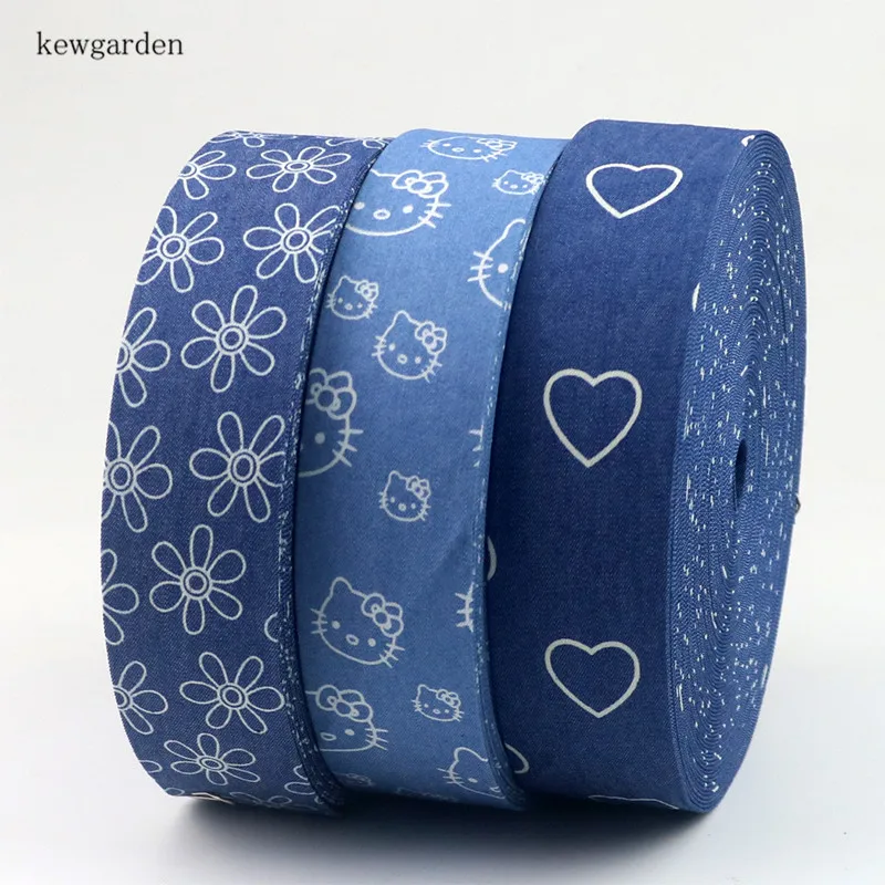 

Kewgarden 38mm 1-1/2" Denim Blue Printed Floral Cat Ribbon Handmade Tape DIY Bow Brooch Ribbon Layering Cloth 4M/Lot