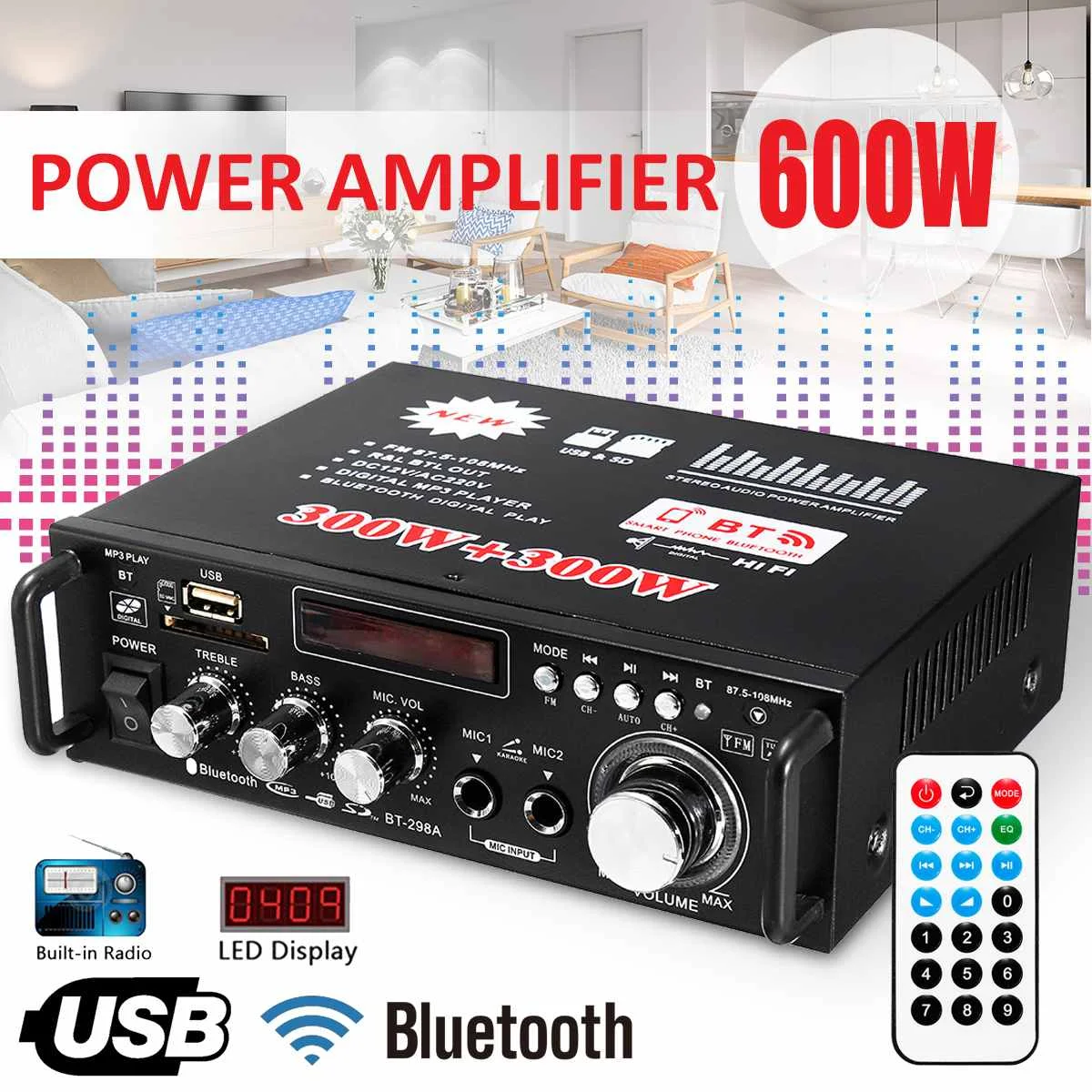 12V 220V 2CH 600W LCD Display Digital HIFI Audio Power Amplifier bluetooth FM Radio Car Home Subwoofer Stereo W/ Remote Control