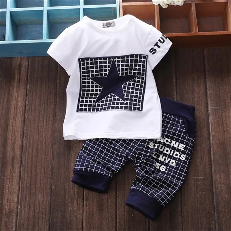 

2018 Fashion trend Summer New Children's Suit Children's Clothing Cotton Five-star Short-sleeved Plaid Casual Pants Children