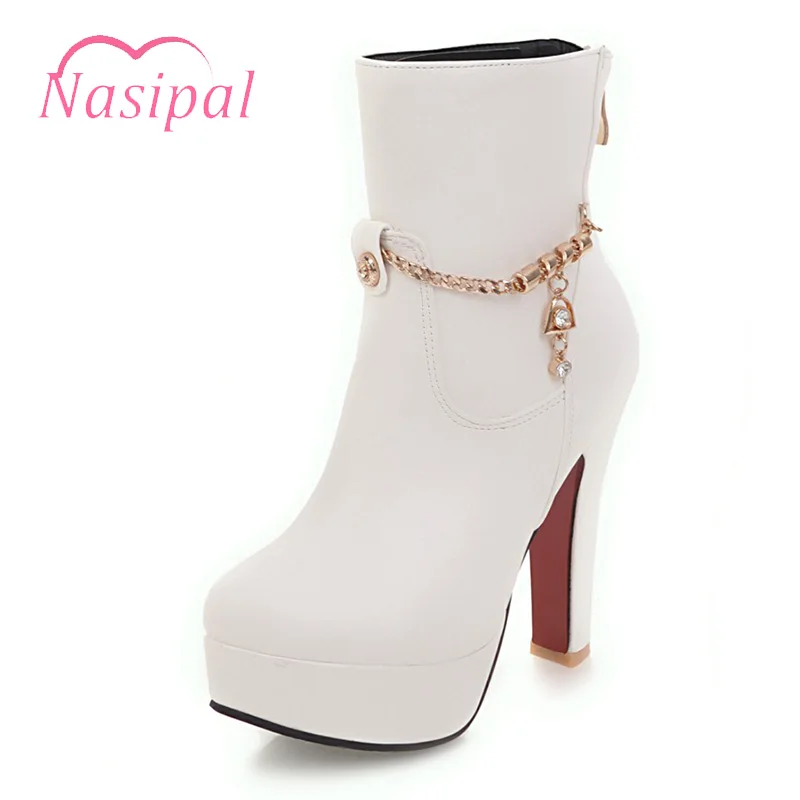

Nasipal Thick High Heels Round Toe Platform Party Wedding Shoes Woman Fashion Ankle Martin Boots Large Size Motorcycle Boots