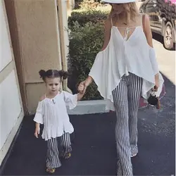 Одинаковые комплекты для семьи, комплекты для мамы и дочки, белая однотонная шифоновая блузка, полосатые штаны