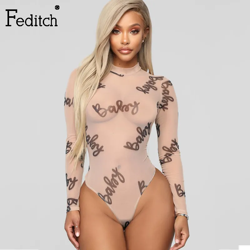 Feditch, Осенний сетчатый боди с буквенным принтом, с длинным рукавом, с высоким круглым вырезом, сексуальный боди для женщин, модный боди, женская обнаженная одежда, боди