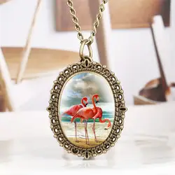 Модные Фламинго дисплей кварцевые карманные бронзовые часы овальной формы ожерелье, подвеска, цепочка часы для леди Девушка Ретро
