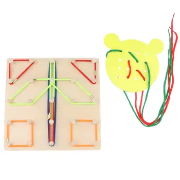 

2pcs Kids Wooden Montessori Toys Geoboard and Lacing Board Kindergarten Preschool Early Learning Educational Toys