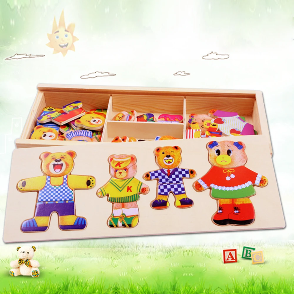 3D деревянная коробка-головоломка, маленький медвежонок, сменная одежда, пазлы для детей, Магнитные Головоломки, игра для переодевания, Развивающие деревянные игрушки