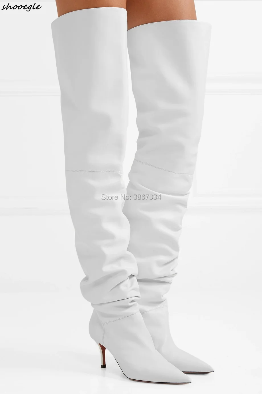 SHOOEGLE White Over Knee Boots Women Pointed Toe Kitten Heels Slip On