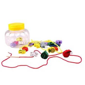 

24pcs Kids Cute Wood Cartoon Animals Bead Toy Educational Wooden Bead Stringing Threading Block Early Education Development Toy