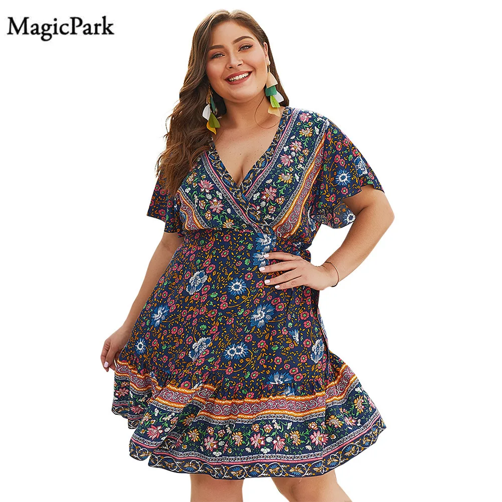 MagicPark XL-4XL Women Summer Dress Original Design Boho A Line Short Sleeve Plus Size Bandage Floral Print Clothes For | Женская одежда