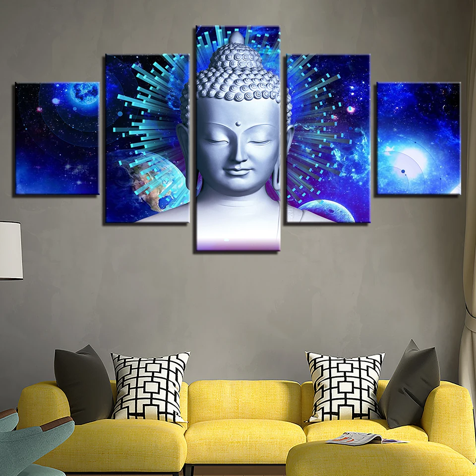 

HD Printing Canvas Pictures Modern 5 Pieces Buddha And Abstract Planets Painting Modular Home Living Room Wall Decor Art Posters