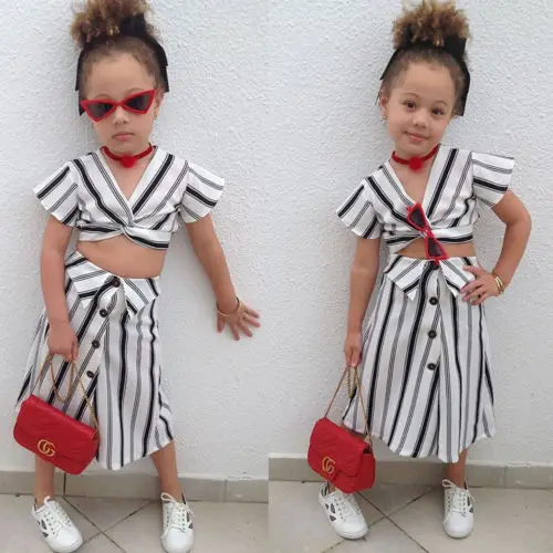 

Toddler Stripe 2Pcs Set Kid Baby Girl Sleeveless Crop Tops T-shirt+Skirt Striped Outfits Summer Children Casual Clothes Set