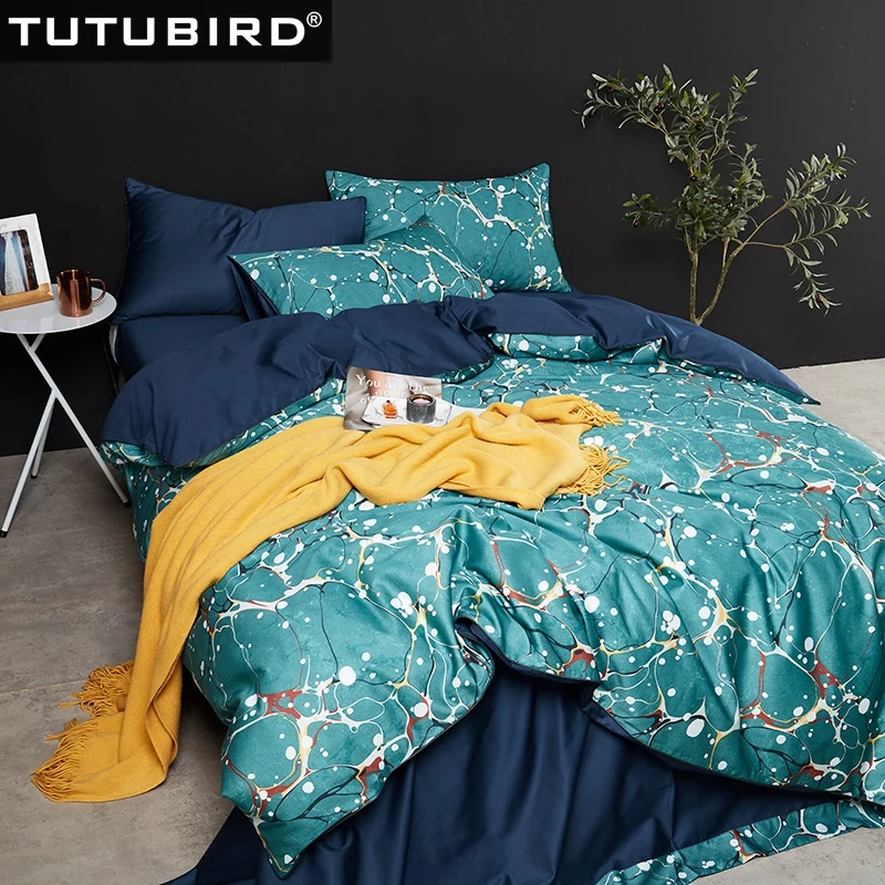 

Luxury blue European Satin bedding clothes 00% Egyptian cotton pastoral snow print bed sheet linen duvet cover 4pcs