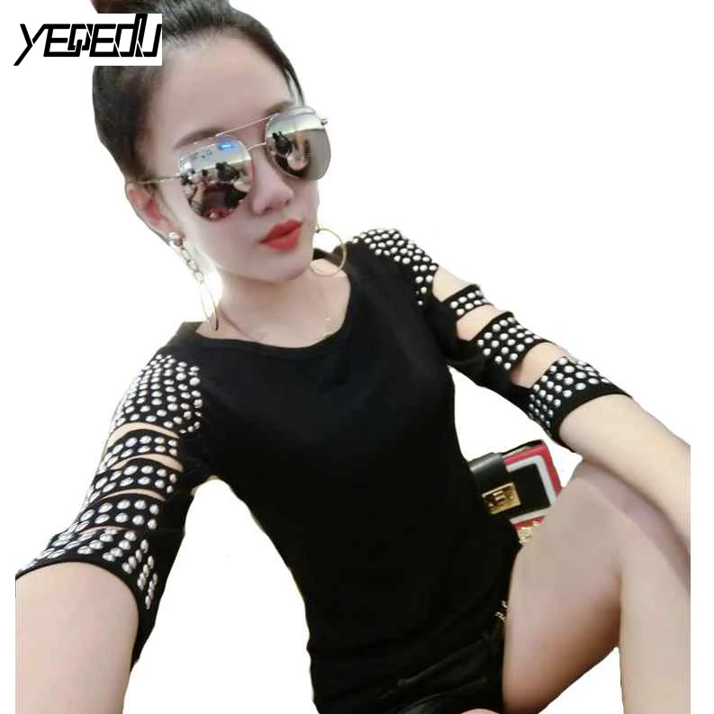 

#3701 Spring/Summer T Shirt Women Rivet O-neck Black/Red Off Shoulder Tops For Women Slim Fit Harajuku Punk Rock Tee Shirt Femme