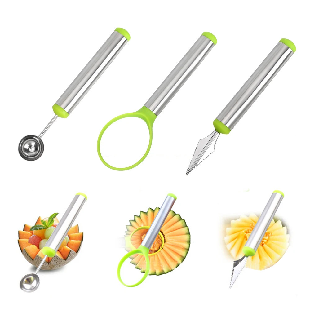 

3 Pcs/Set Stainless Steel Fruit Platter Set Fruit Tools Watermelon Carving Knife Cream Spoon Kitchen Gadget