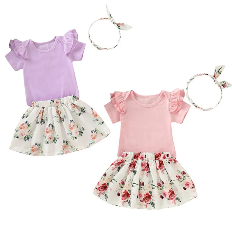 

0-24M Newborn Kid Baby Girl Summer Flying Sleeve Romper Princess Skirt Outfits 3PCS