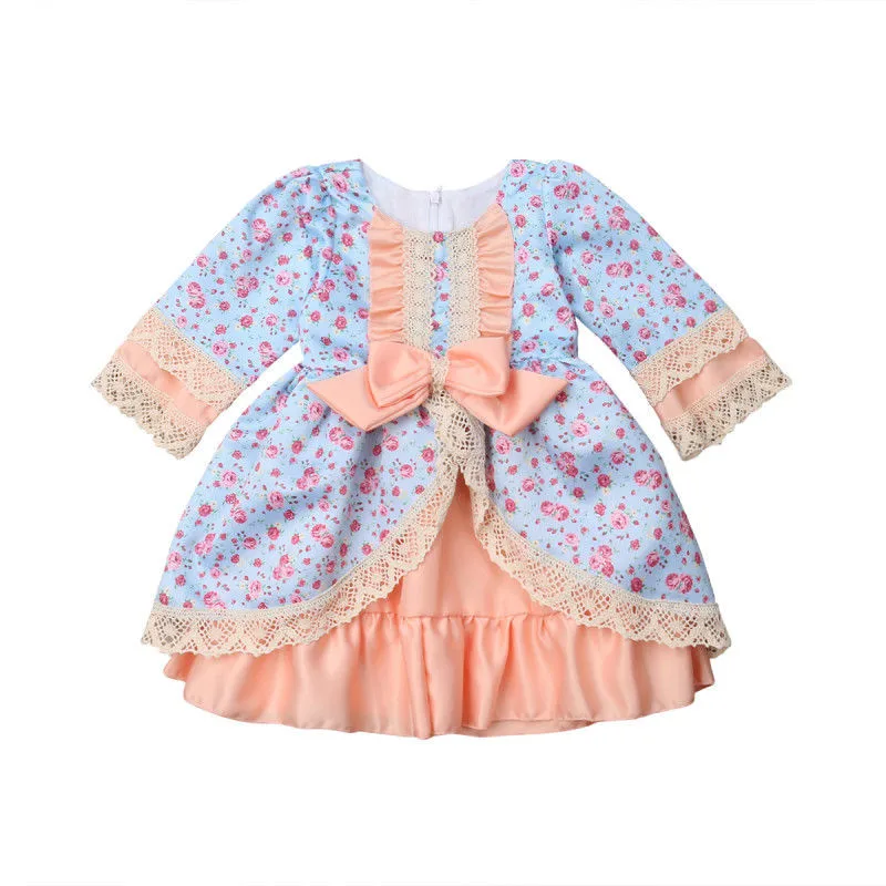 

1-5T Toddler Kids Baby Girl Clothes Lace Bowknot Floral Dress Elegant Cute Wedding Party Princess Dresses long Sleeve Outfits