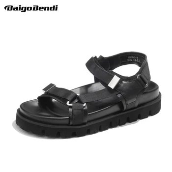 

Hot!! US Size Hook Loop Mens Gladiator Sandals Real Leather Thick Heel Summer Beach Shoes Man Heighten Sandals