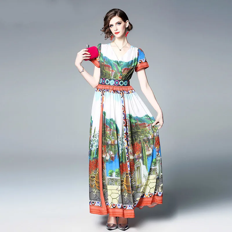 

Women's Floral Maxi Dress Runway Designer 2019 Summer Village Painting Print Short Sleeve Elegant Holiday Long Pleated Dress
