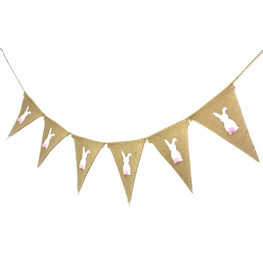 

1pc Easter Pennant Burlap Banner Rabbit Bunny Rustic 2 Meters Garland for Easter Party Celebration Decor Photo Props