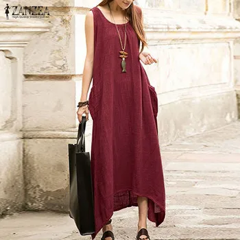 

Summer Casual Maxi Dress Women's Sundress ZANZEA 2020 Beach Sarafans Vestidos Asymmetrical Robe Femme Vintage Linen Dress