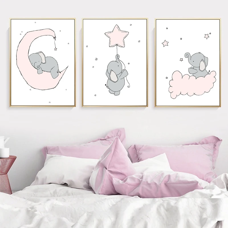 

Baby Nursery Wall Art Canvas Painting Animal Nordic Posters Prints Elephant Moon and Stars Wall Pictures Kids Girls Room Decor
