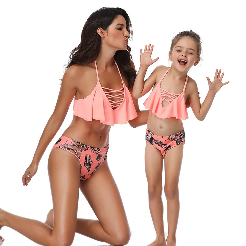 

Hirigin High Waist Pink Floral Bikini Set Women Swimwear Kids Baby Girls Swimsuit 2019 New Padded Ruffles Monokini Bathing Suit
