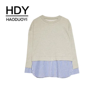 

HDY Haoduoyi Cuff Opening And Splicing Hem Fake Two-piece Sweatshirt autumn plus size kawaii ladies street style long sleeve