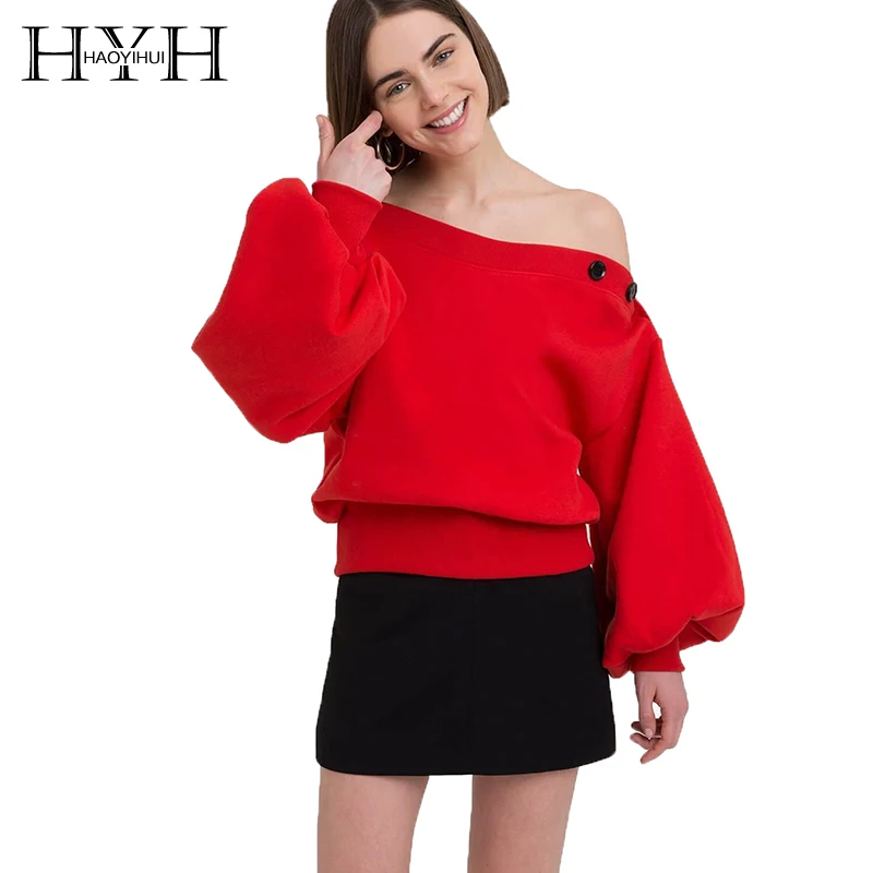 HYH HAOYIHUI 2018 Harajuku женский однотонный топ с длинным рукавом и воротником открытыми