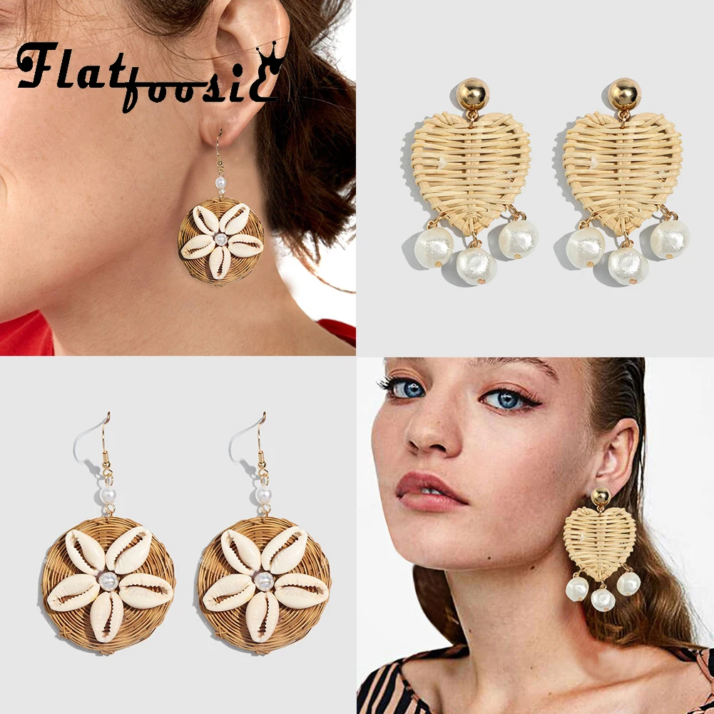

Flatfoosie 2019 Hot Handmade Shell Earrings For Women Rattan Knit Handmade Round Pendant Simulated Pearl Drop Dangle Earings