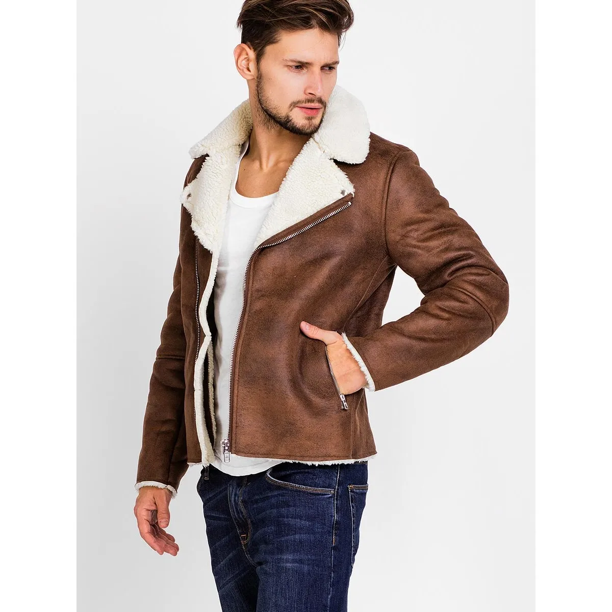 60% OFF Faux Suede Jacket for Men Brown Biker Winter Jacket Men Spring Autumn Turn Down Collar Casual Cool Faux Suede Jacket Coat