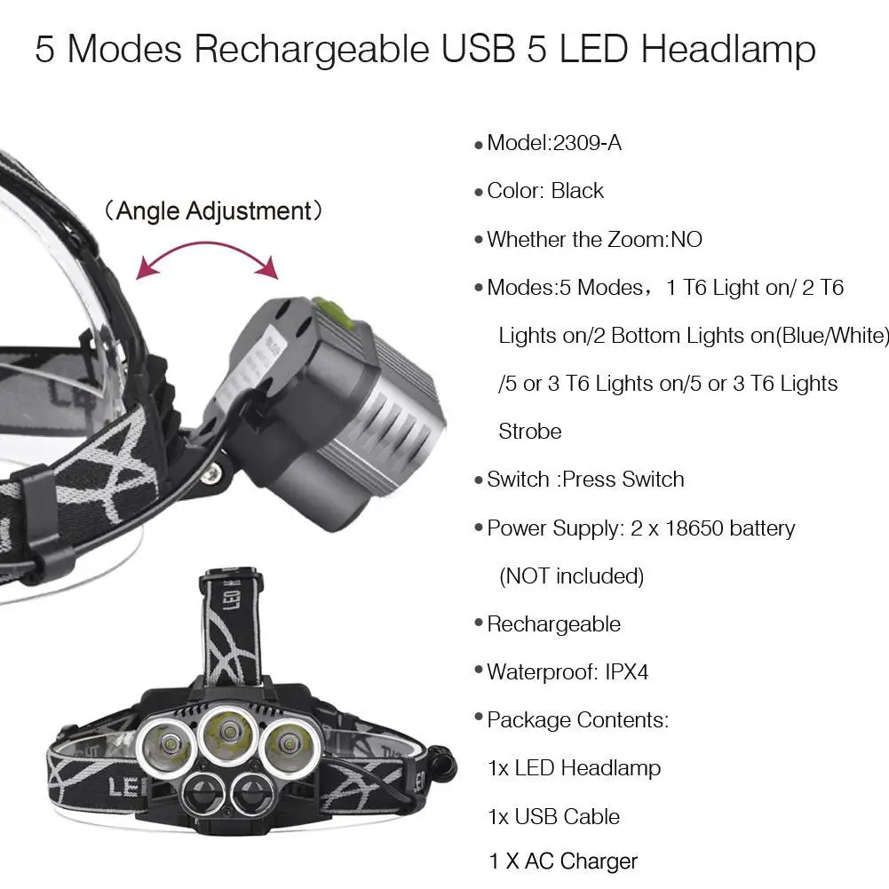 Новый 15000LM налобный фонарь T6 5 LED фара для охоты перезаряжаемая на 2*18650 батарея + USB