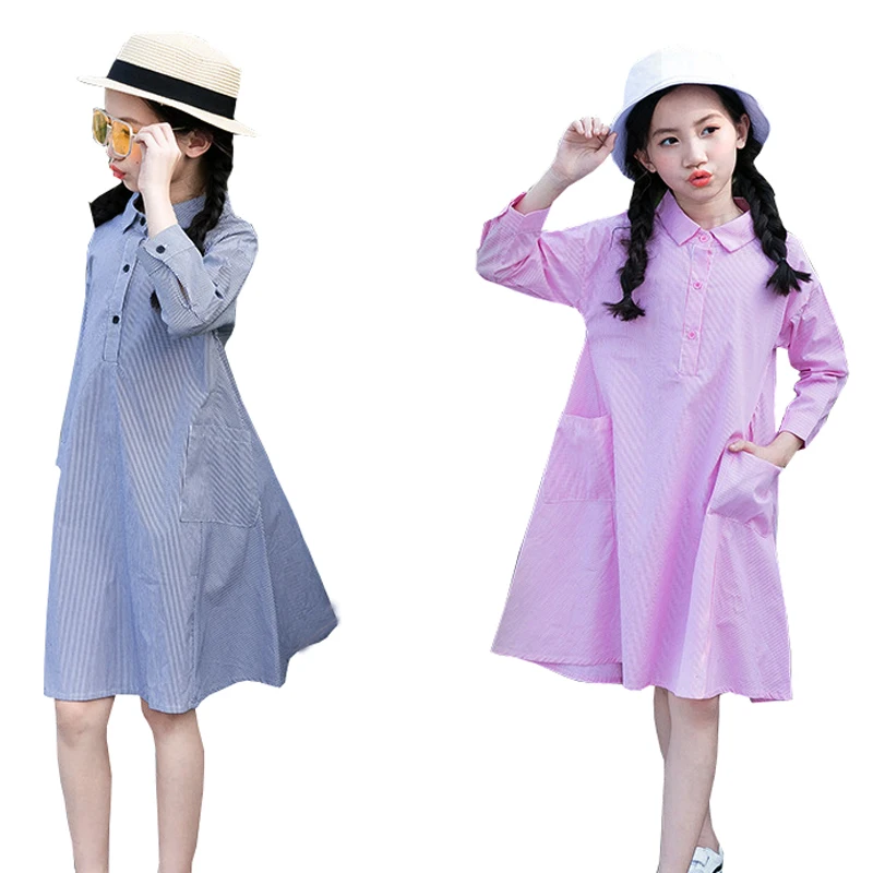 

Kids Dresses for Girls 2019 Spring Summer Baby Teens Girl Shirt Dress Cotton Striped Children Clothing Girls Casual Loose Dress