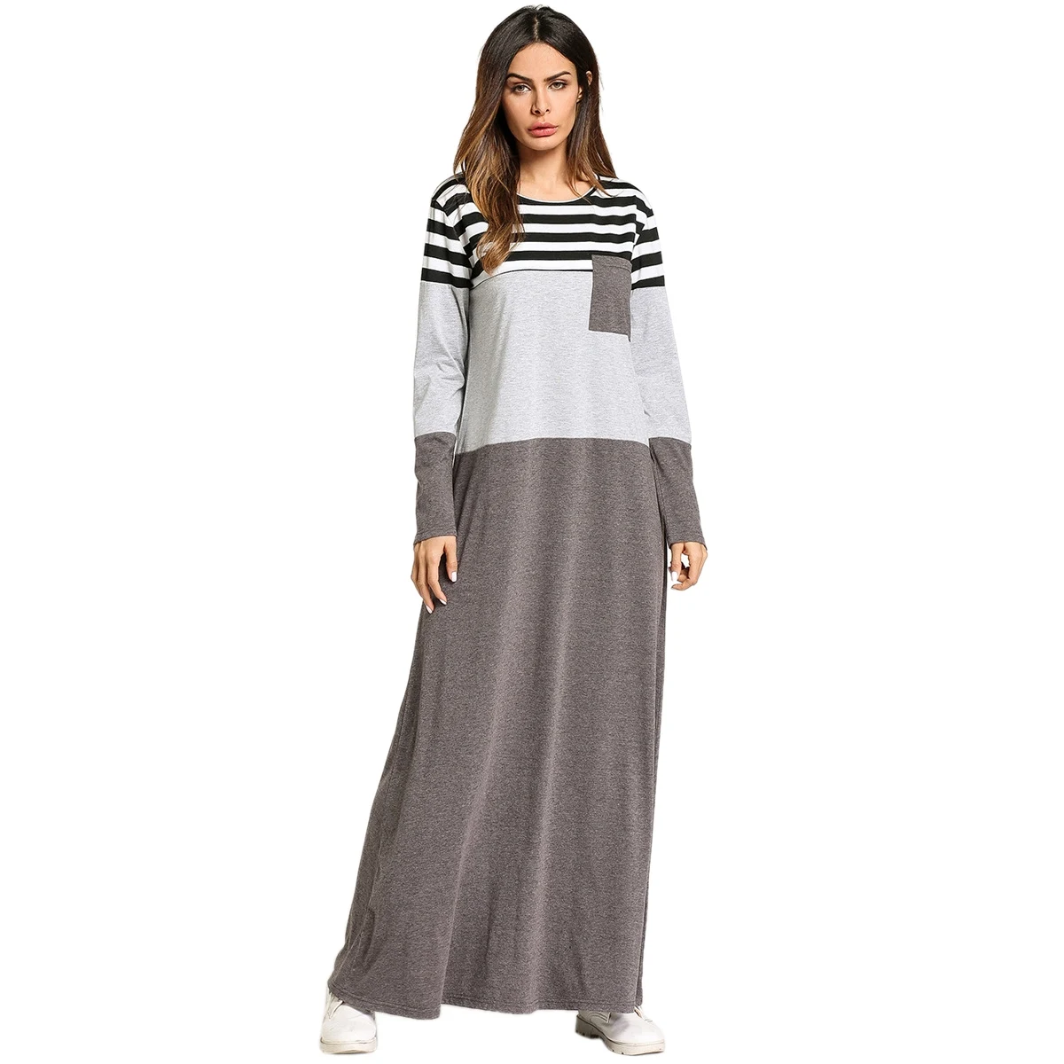 

Fashion Pocket Stripes Color Block Maxi Dresses Muslim Women Home Wear Dress Urban Casual T Shirt Dress Patchwork Loose Long S