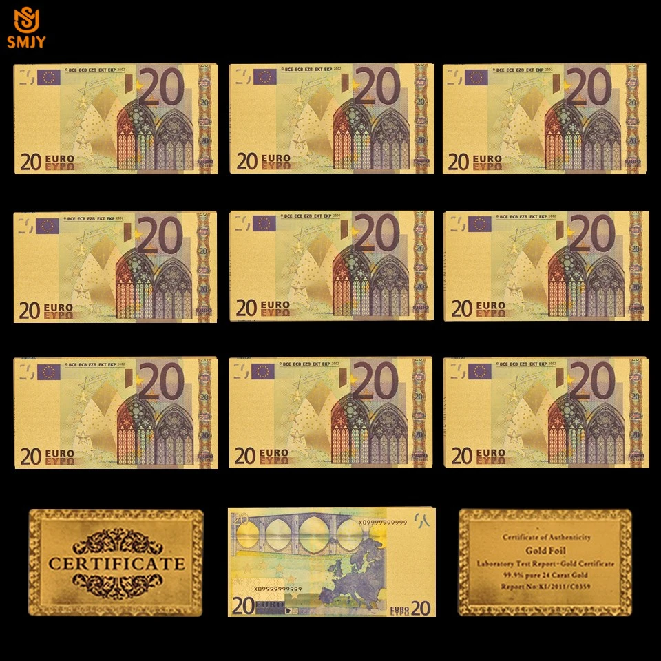 

10Pcs/Lot Souvenir Gift For New European Replica Currency 20 Euro Bill Banknote in 24k Gold Plated Paper Money For Collection