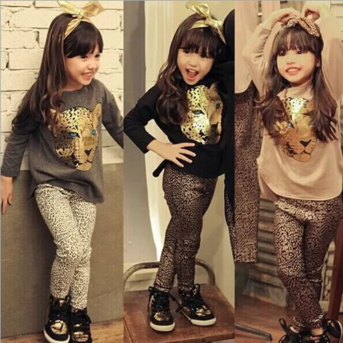 

Kids Girls Set Spring and Autumn 2019 Leopard Pants + Leopard Head T-Shirt Long Sleeve Children's clothing