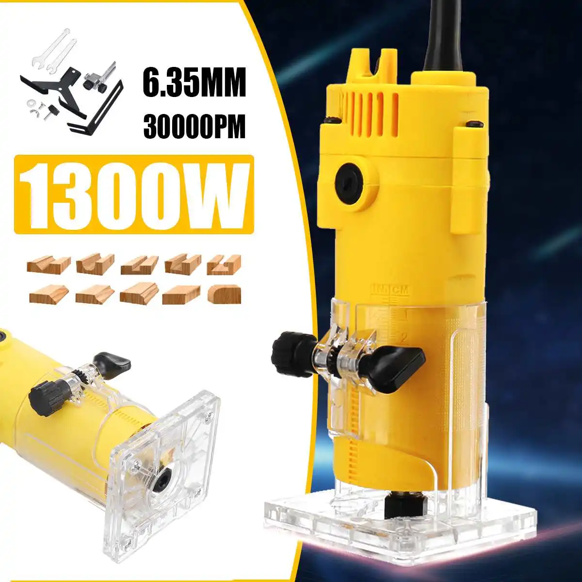 

1300W 6.35MM 30000rpm Electric Trimmer Wood Laminate Router 110V/220V Woodworking Trimming Tools Carving Milling Machine