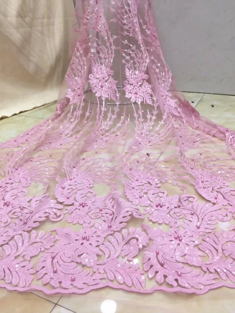 

Pink African Lace Fabric High Quality Lace Nigerian Lace Fabric With Beaded And Stone Embroidery Tulle French Lace Women