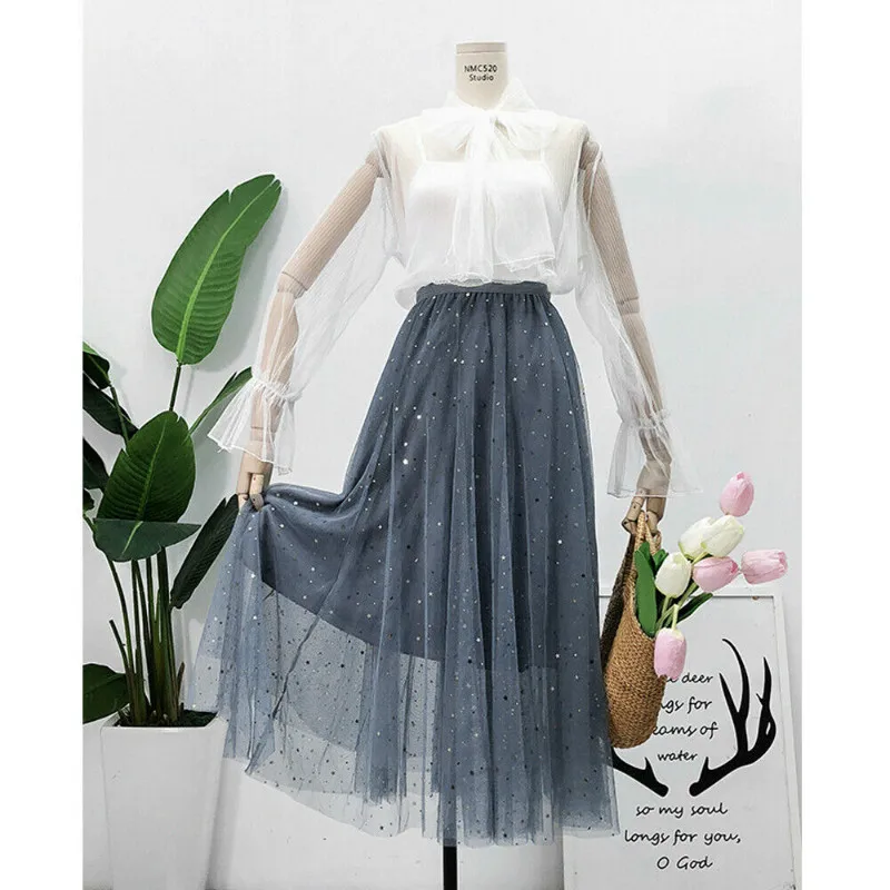 

hirigin Brand New 2019 spring summer women sweet sequins mesh skirt ladies fashion middle long skirt