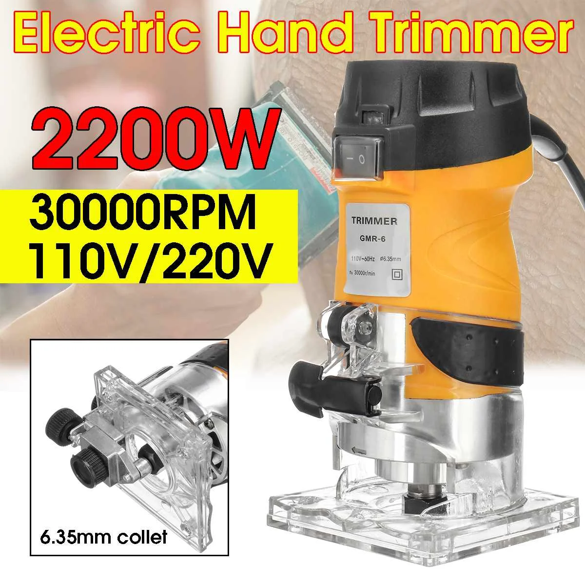 

1/4 50HZ 110V 220V 2200W 30000r/min Electric Hand Trimmer Wood Laminator Router Joiners Woodworking Power Tools