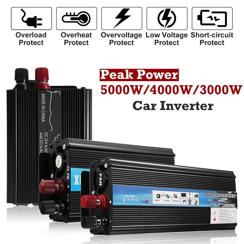 

Car Solar Power Inverter Voltage Convertor Transformer 12V/24V DC to 110V/220V AC Autoleader Modified Sine Wave Peaks 5000W