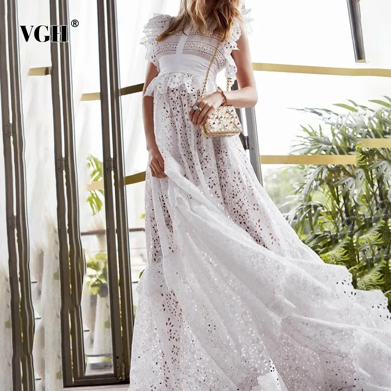 

VGH 2019 Spring Vintage Lace Patchwork Long Dresses For Women Hollow Out Off Shoulder High Waist A Line Dress Female Fashion New