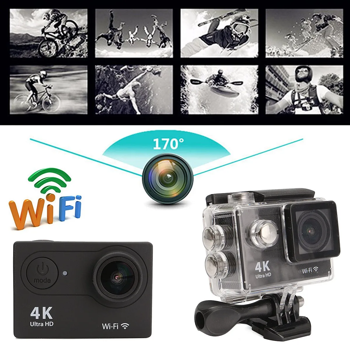 

2.0" LCD H9 170 Degree 4K HD WiFi Sport Action Camera DV Car DVR SPCA6350 OV4689 Waterproof Multi-Language 59.3x24.6x41.1mm